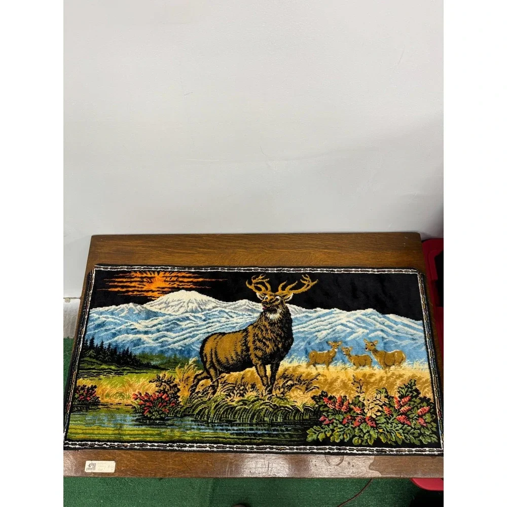 Vintage Elk Deer Mountain Pictorial Rug Wall Hanging 20x39‎ Multicolor Lodge